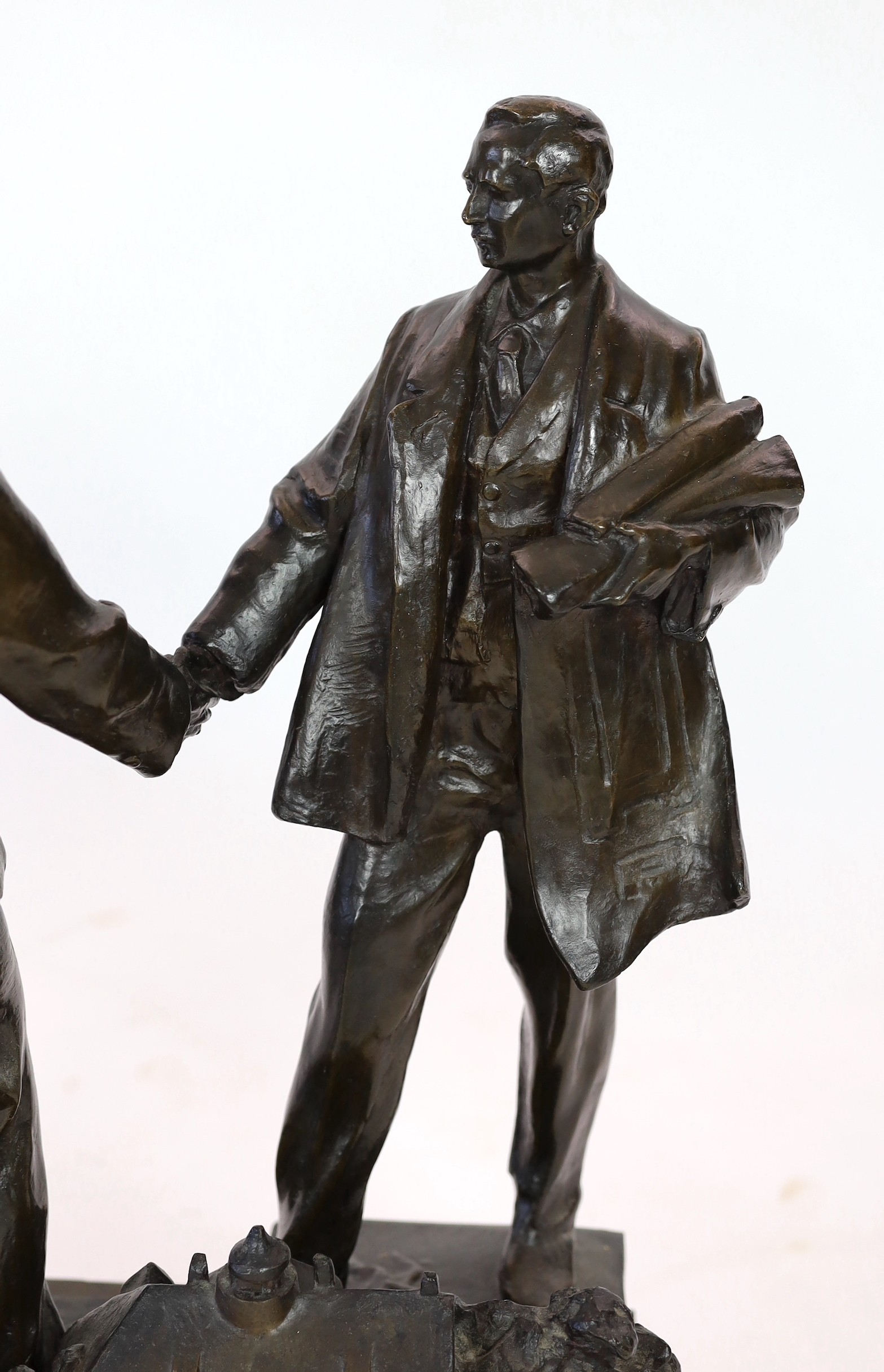 Ladislav Jan Šaloun (Czech, 1870-1946) a large bronze group of a dignitary greeting two men, early 20th century, 72cm high, 64.5cm wide